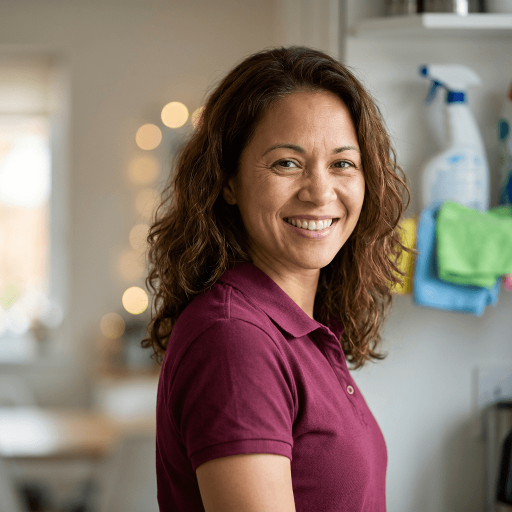 Jennifer Martinez, satisfied customer pointing to freshly painted kitchen wall