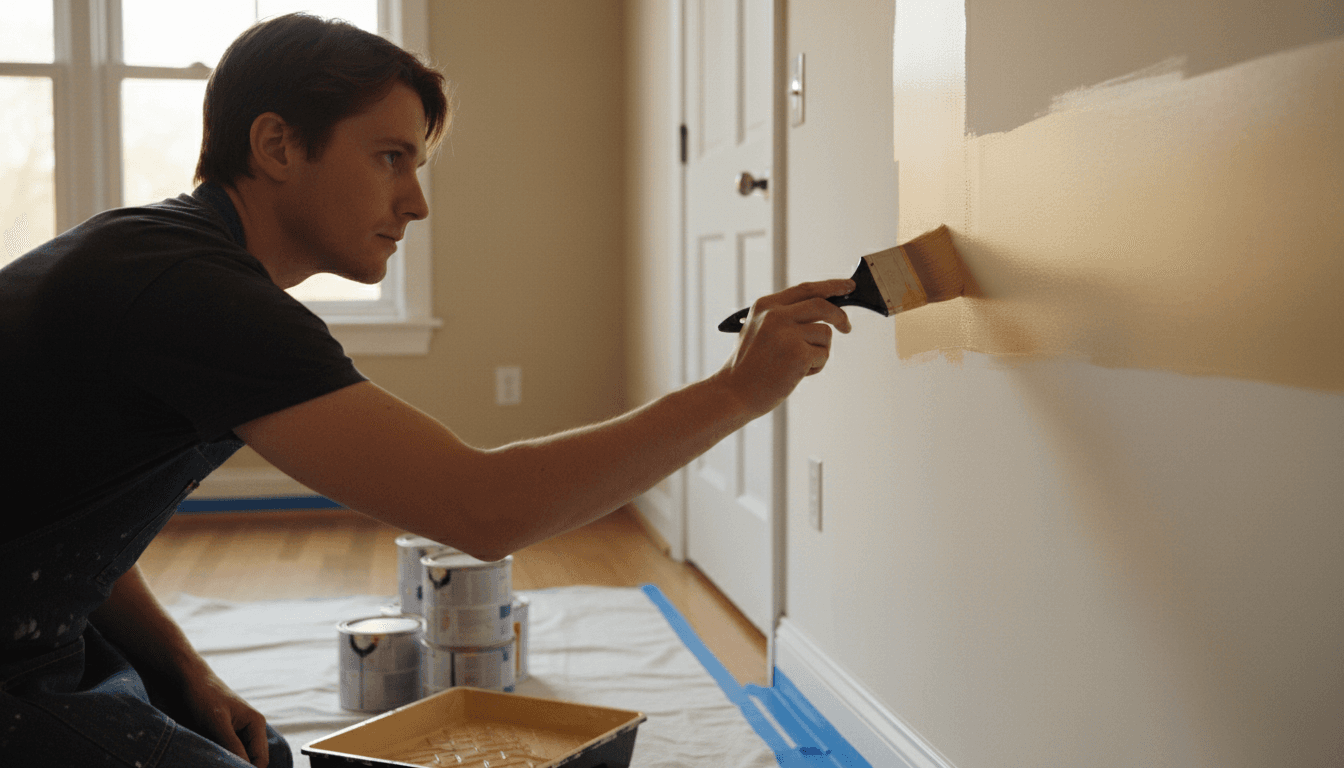 Professional painter applying paint with careful precision to an interior wall