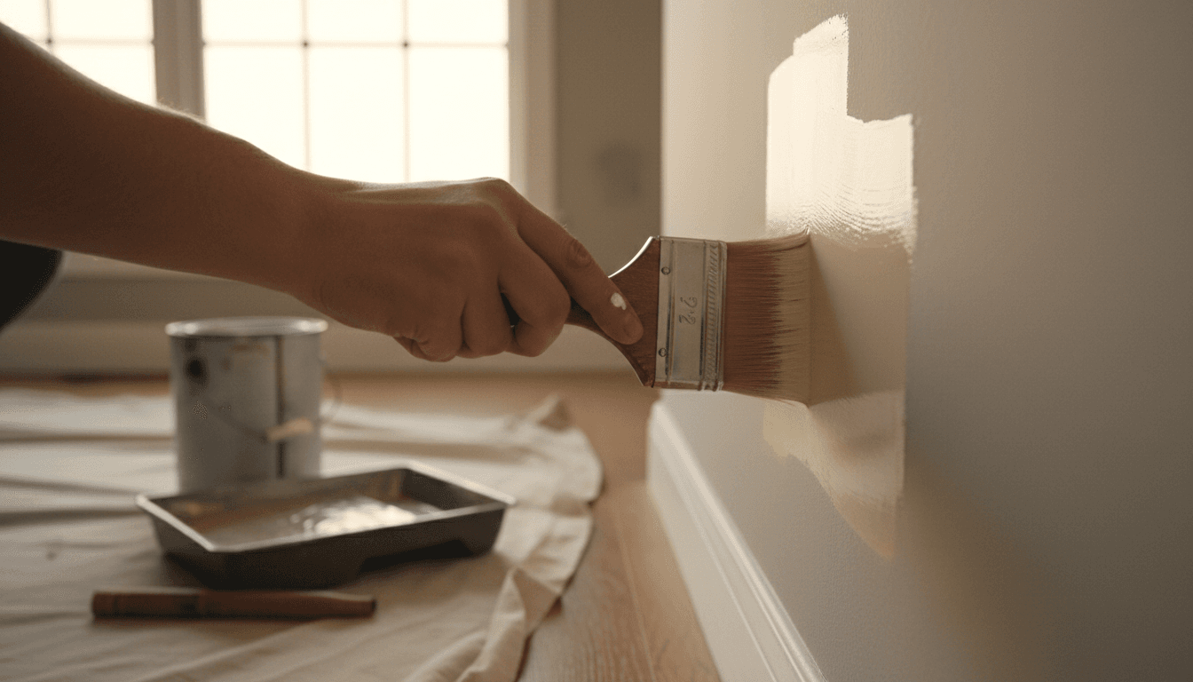 Painter applying premium paint to interior wall with precise brush technique
