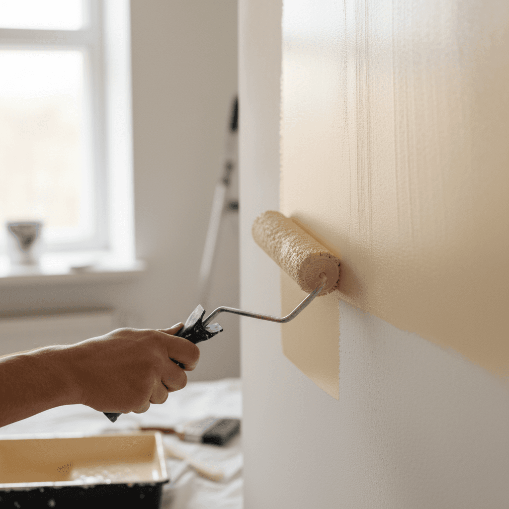 Interior wall painting with careful application technique