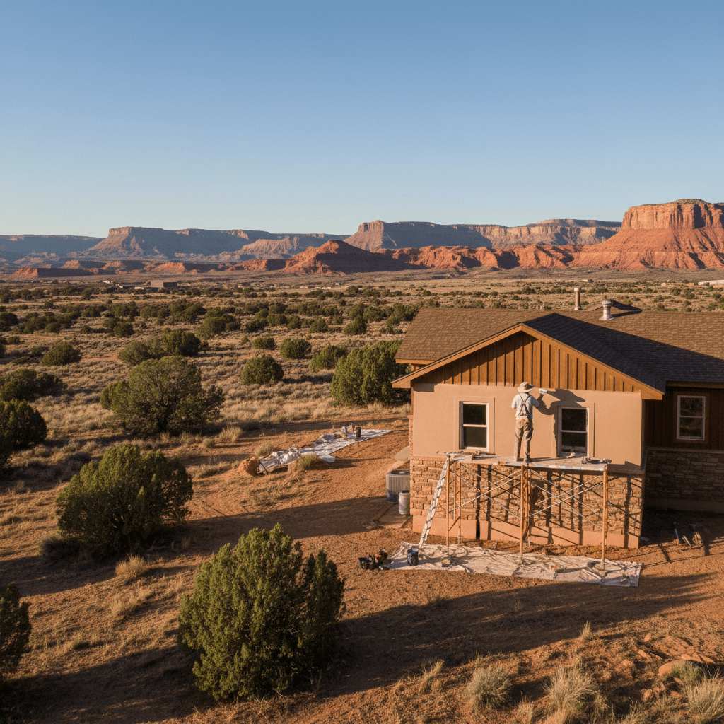 Painter working on exterior home in Utah setting