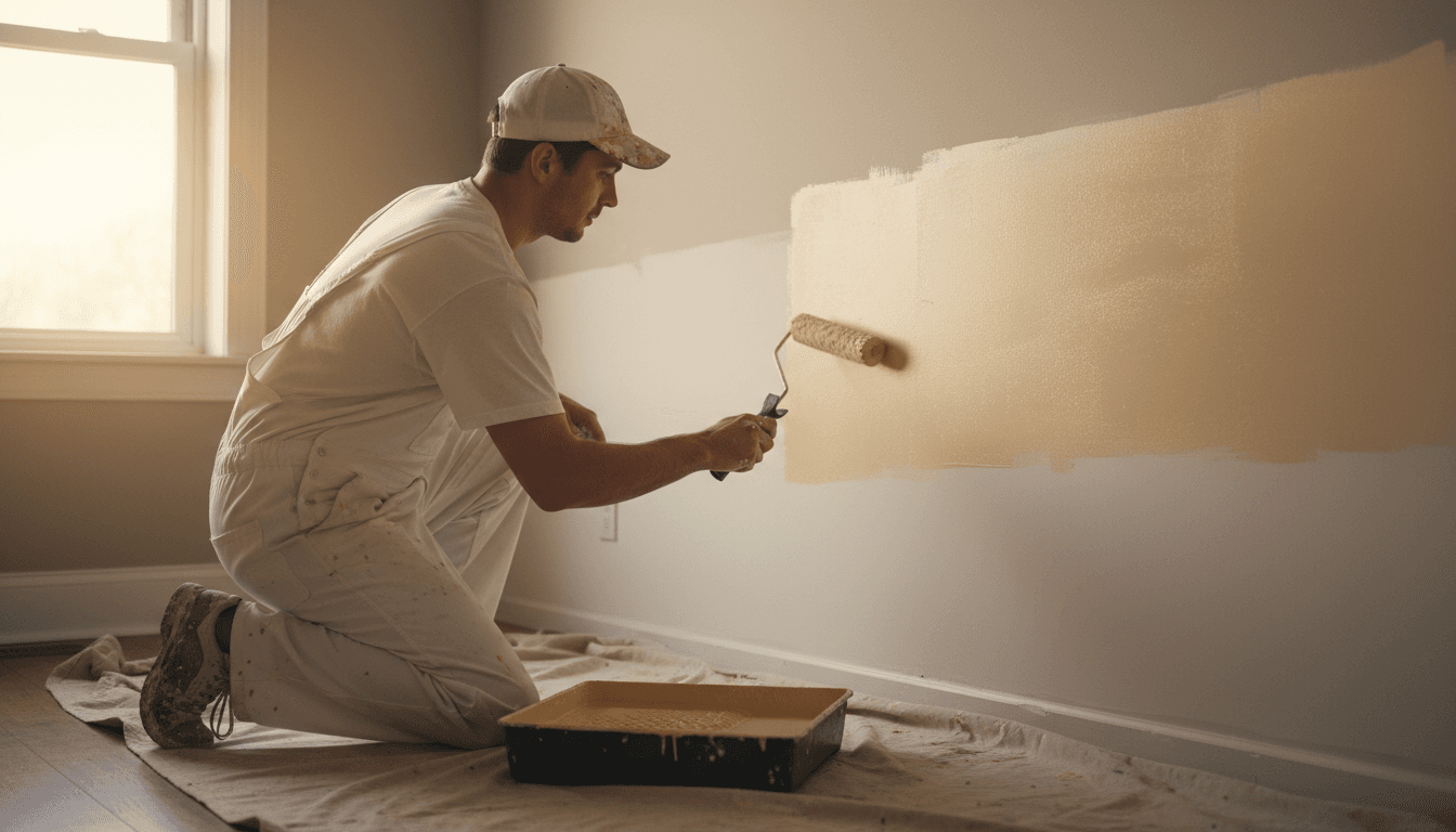 Professional painter applying fresh paint to interior wall