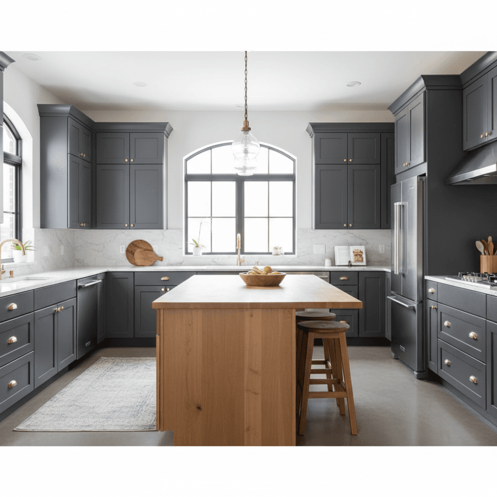 Kitchen with freshly painted cabinets and walls